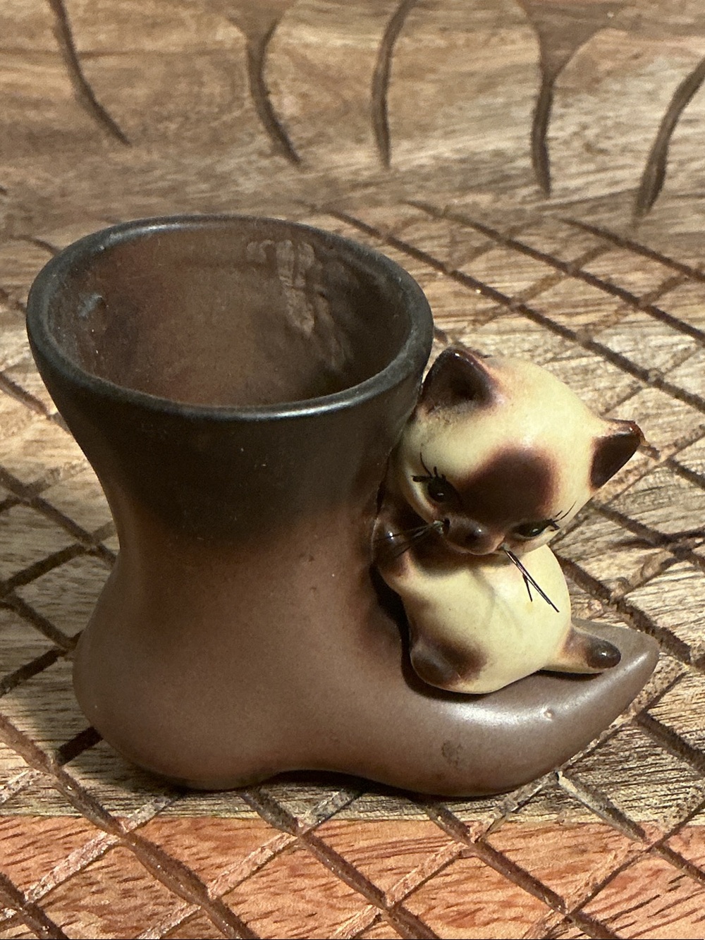 Vintage Ceramic Cat Boot Planter - Brown Cream